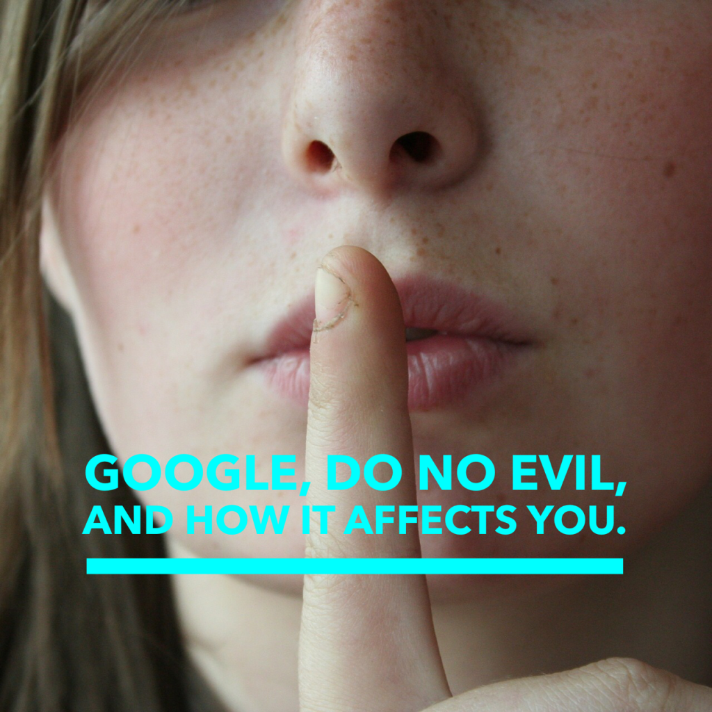 image of girl with finger to her lips. concept of Google, do no evil. 